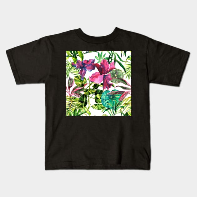 Seamless tropical flower, plant and leaf pattern background Kids T-Shirt by Olga Berlet